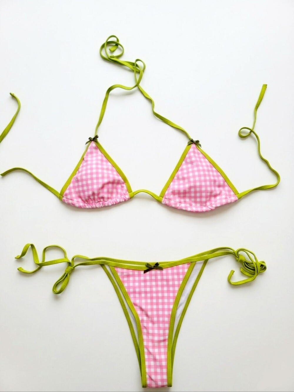 Pink And Green Check Print Adjustable Tie Bow Bikini Size Medium NWOT